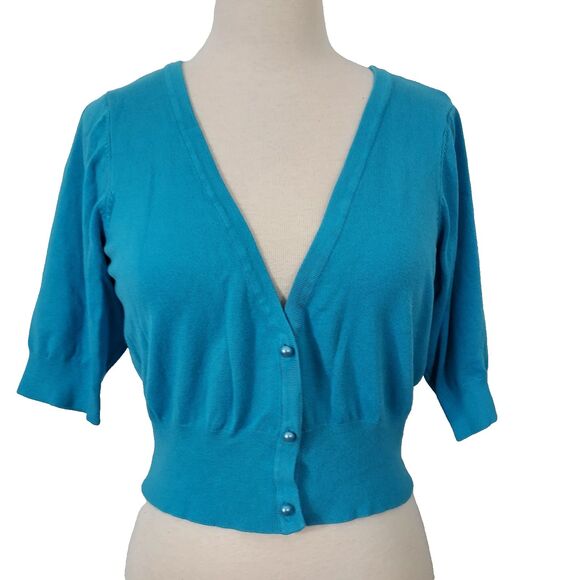 Sweaters - One World Cardigan Shrug Sweater Comfy Soft Button Up Short Sleeve Blue Large